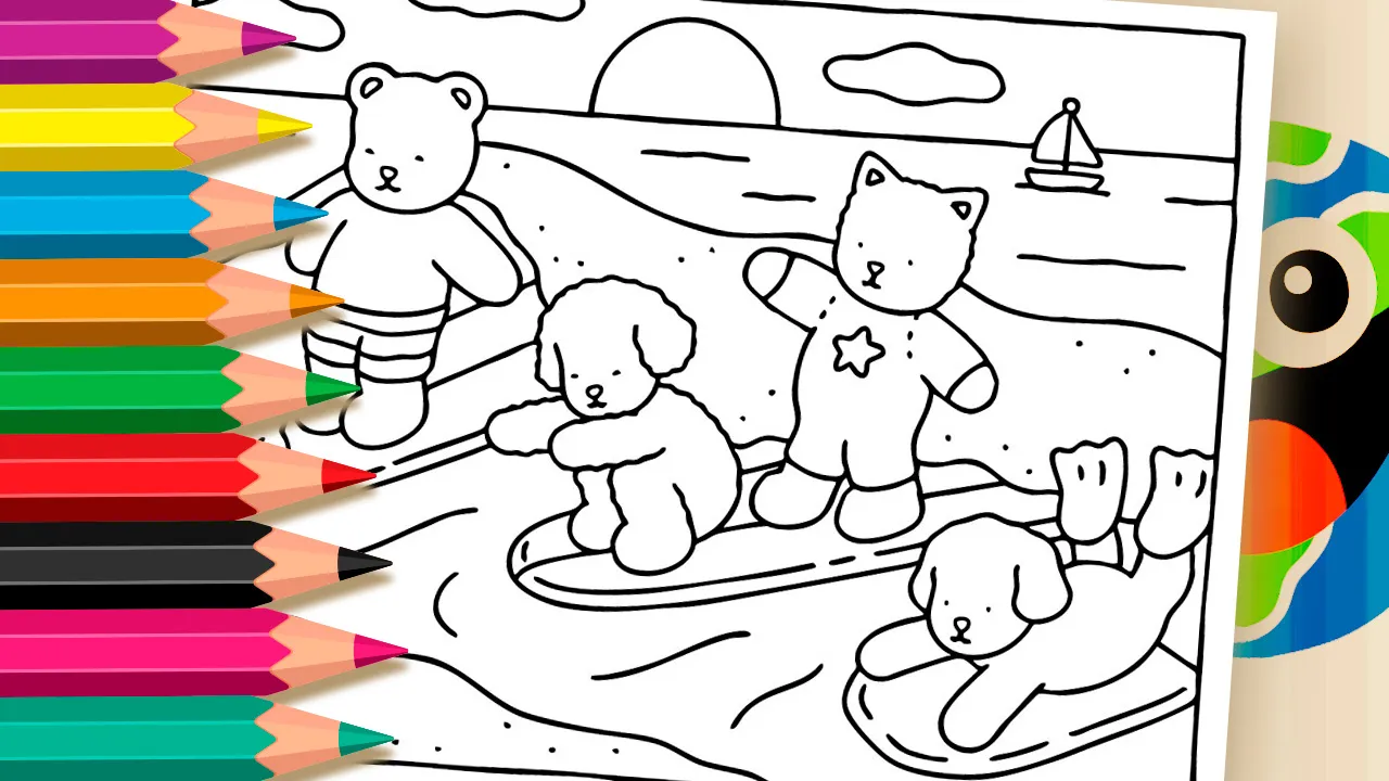 Desenho para colorir Bobbie Goods Aula de Surf - animais fofos surfando e brincando na praia ao pôr do sol para imprimir ou colorir online