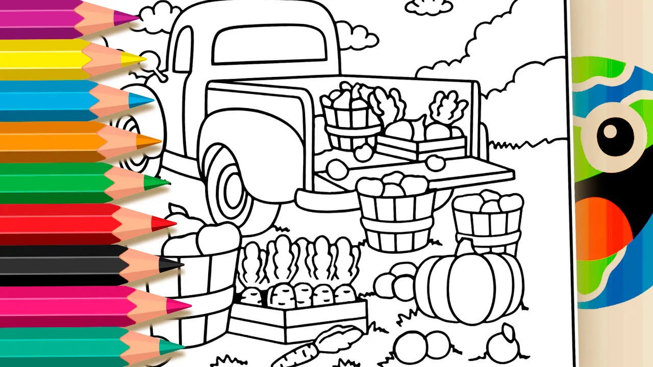 Desenho para colorir Caminhão de Comida Bobbie Goods - uma caminhonete de fazenda fofa cheia de frutas e vegetais para imprimir ou colorir online