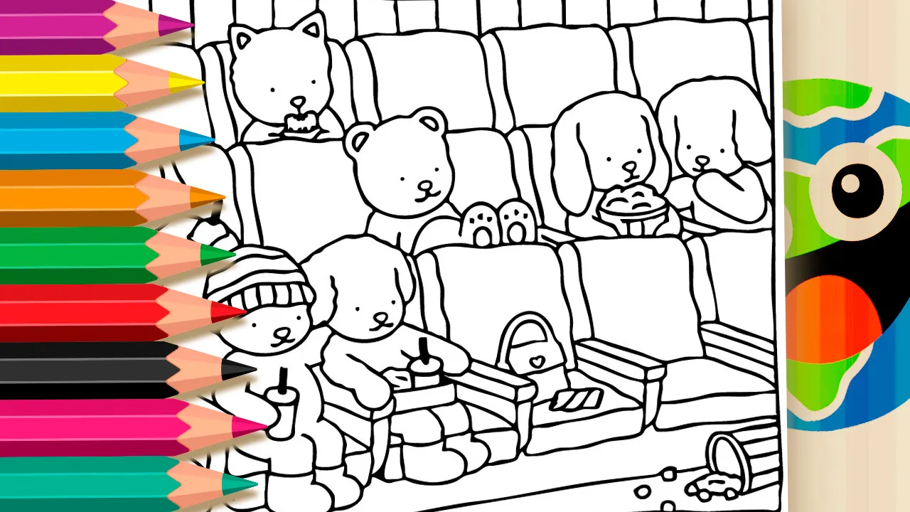 Desenho para Colorir Bobbie Goods Sessão de Cinema - animais fofos assistindo filme no cinema com pipoca para imprimir ou colorir online