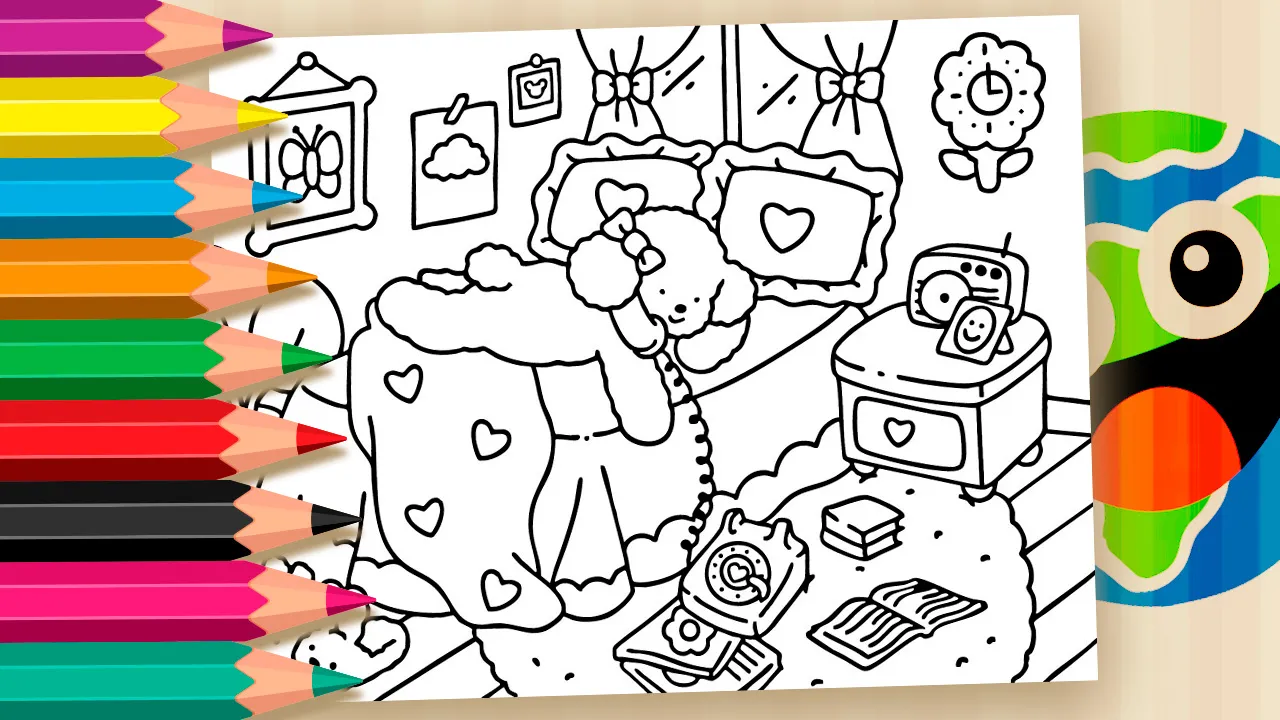 Desenho para colorir Coco Wyo - cachorrinho fofo de pijama em um quarto aconchegante para imprimir ou colorir online