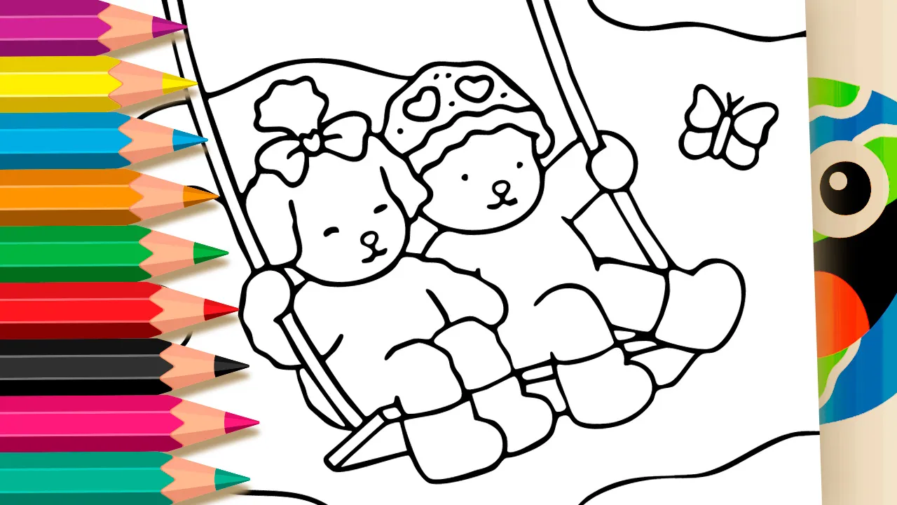 Desenho para colorir Desenho Kawaii com cachorrinho e ursinho em um balanço, com uma borboleta, para imprimir ou colorir online.