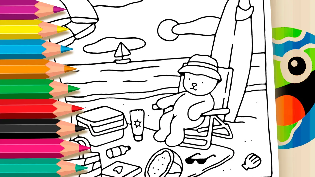 Desenho de Desenho Kawaii na Praia para colorir - ursinho na cadeira com prancha e guarda-sol - PDF grátis ou colorir online