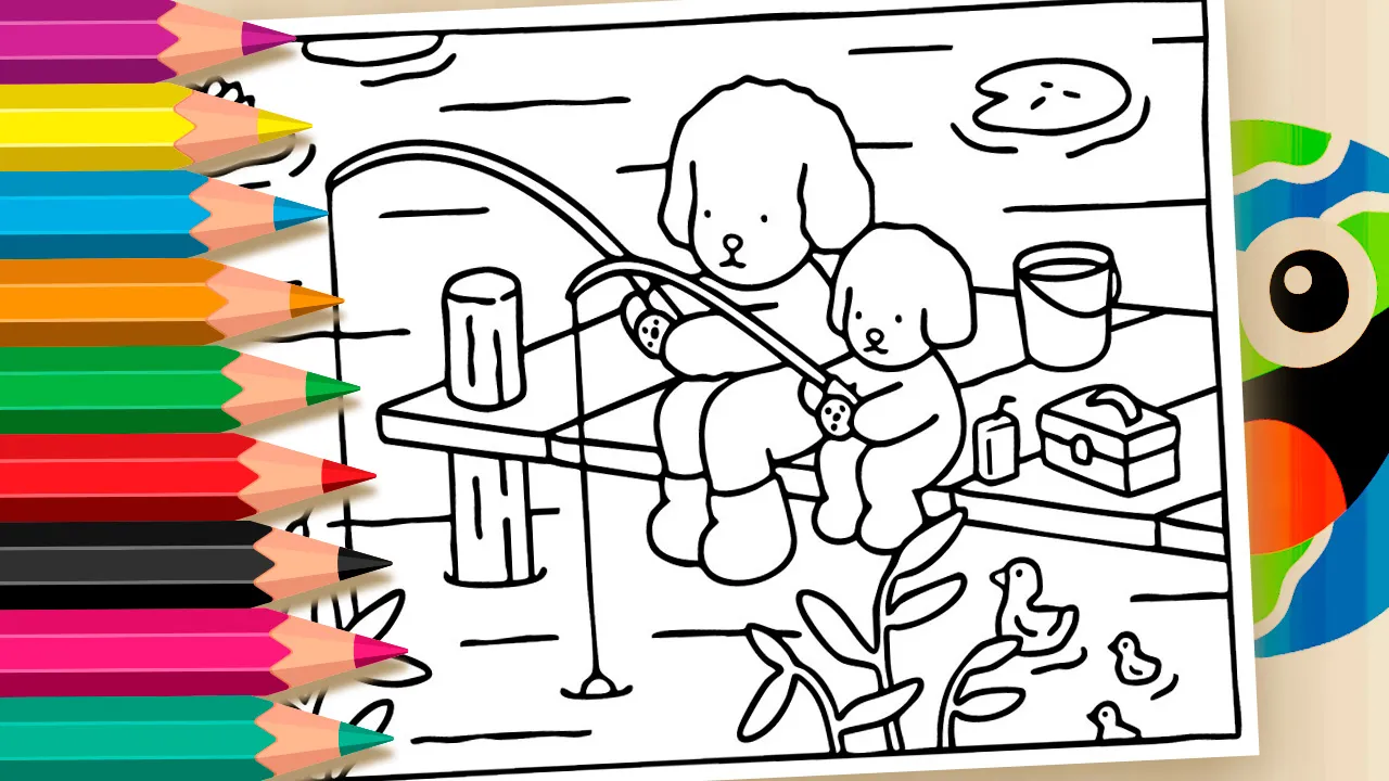 Desenho de Desenho Kawaii para colorir - pai e filho cachorros pescando em um píer no lago - imprimir PDF ou colorir online grátis