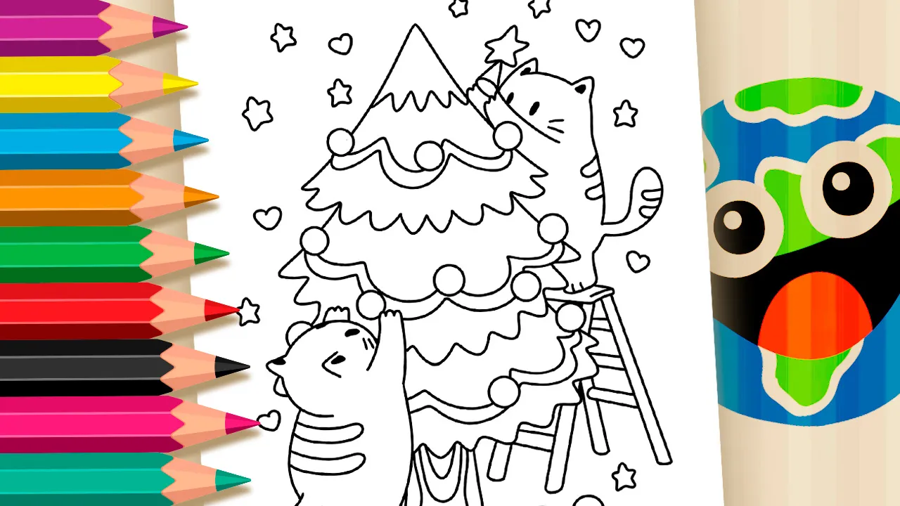 Desenho de Gatinhos na Árvore de Natal para Colorir – Imprimir PDF Grátis ou Pintar Online!