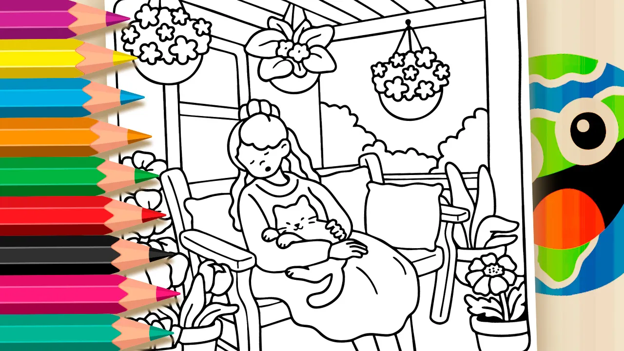 Desenho para colorir menina e gato fofo - menina dormindo em varanda com gato no colo e muitas plantas para imprimir ou colorir online