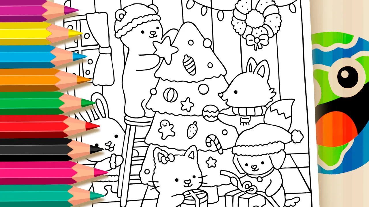 Desenho de Natal para colorir com bichinhos fofos - urso, raposa, gato e cachorro decorando árvore com presentes - imprimir PDF ou colorir online grátis