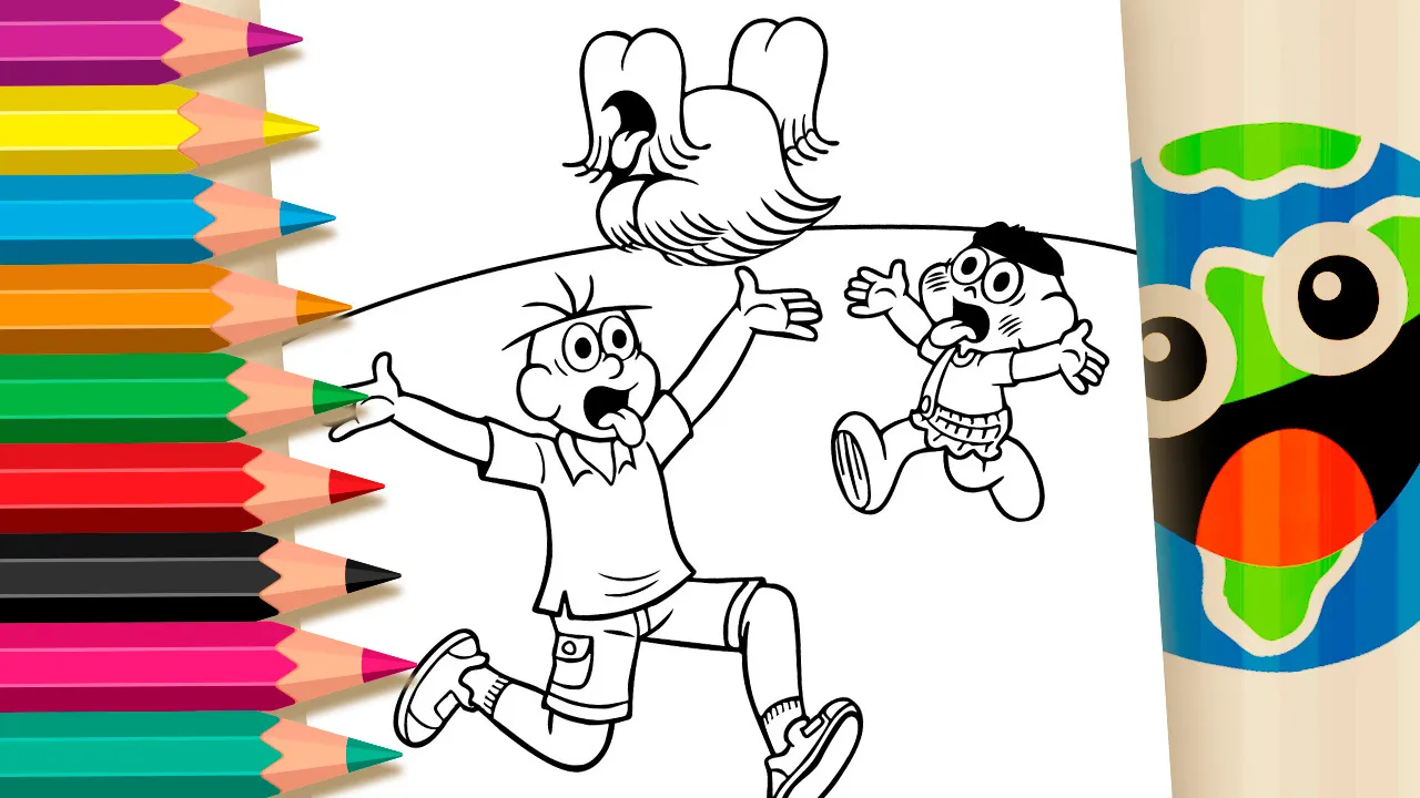 Desenho para colorir Meme Turma da Mônica - Cebolinha e Cascão correndo desesperados do coelhinho Sansão para imprimir ou colorir online