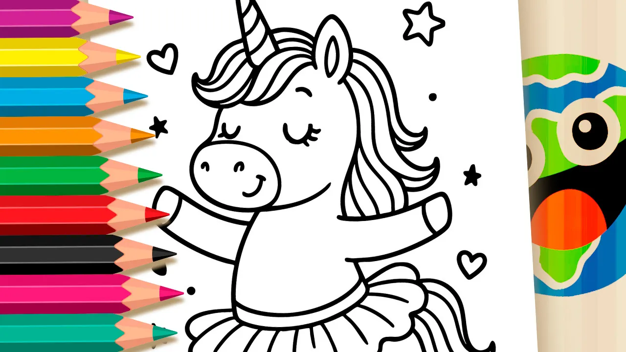 Desenho de unicórnio bailarina para colorir - unicórnio fofo com saia tutu dançando entre estrelas e corações - imprimir PDF ou colorir online grátis