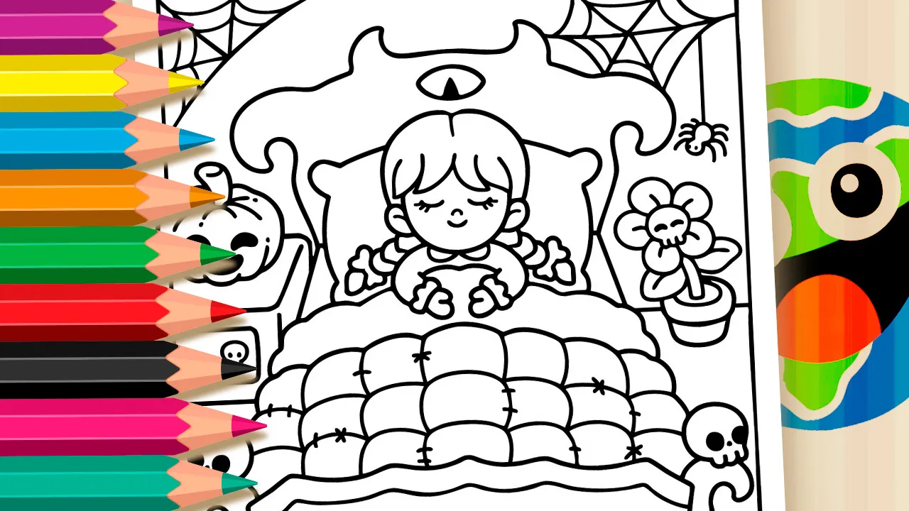 Desenho para colorir Wandinha Fofa - personagem dormindo em sua cama gótica com abóbora e teias de aranha para imprimir ou colorir online