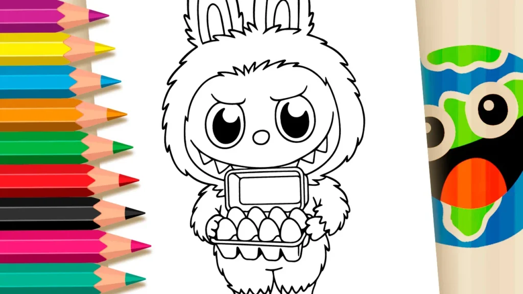 Desenho de Labubu com caixa de ovos para colorir - LABUBOVOS - monstrinho kawaii com fantasia de coelho - imprimir PDF ou colorir online grátis