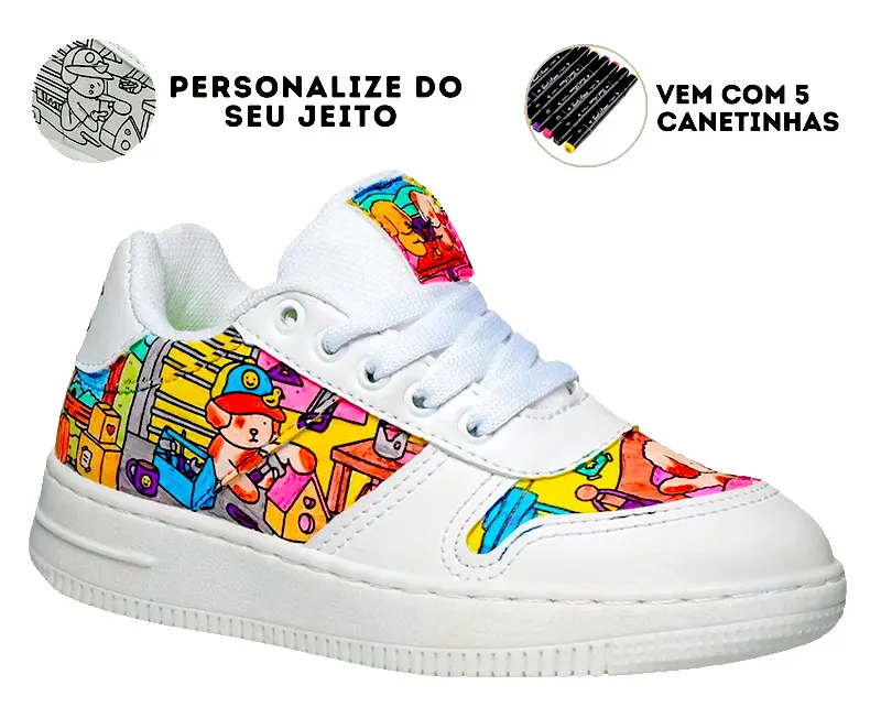 Tênis infantil personalizável MINIPE GOODS com canetinhas para colorir e criar.