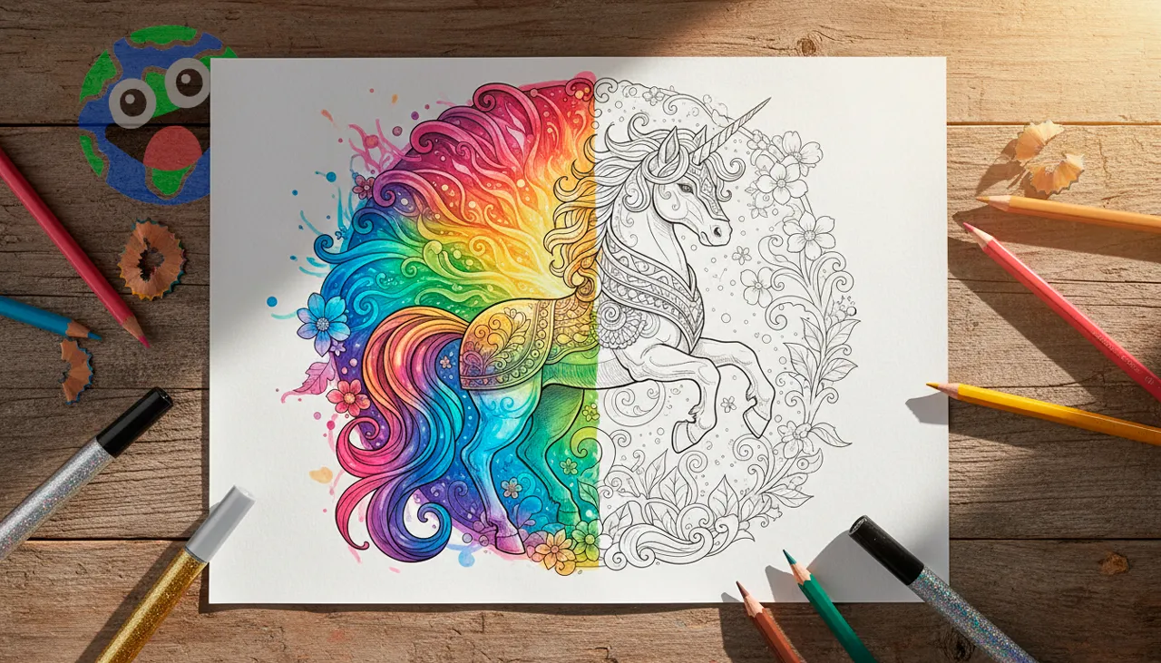 Magia no papel: desenho de unicórnio ganhando vida com cores vibrantes, mostrando como a imaginação transforma um traço simples em obra de arte.