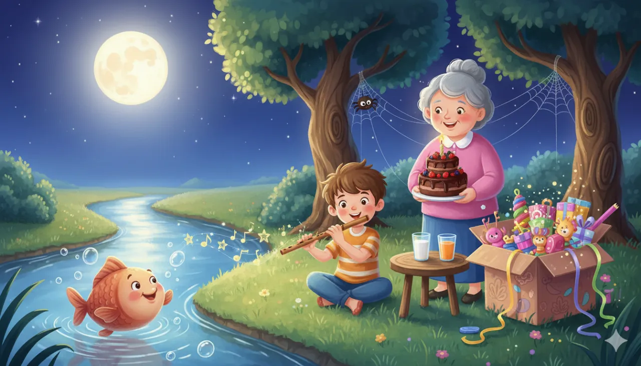 Uma noite linda, com vovó, brinquedos, flauta e natureza.