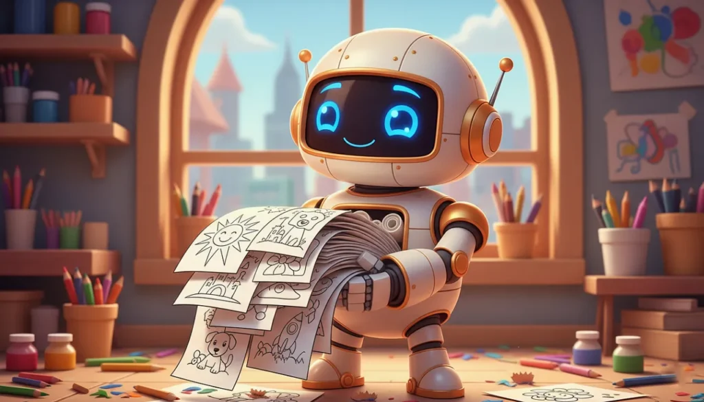 Robô reunindo desenhos para colorir para atualizar o PDF automaticamente com novos desenhos adicionados