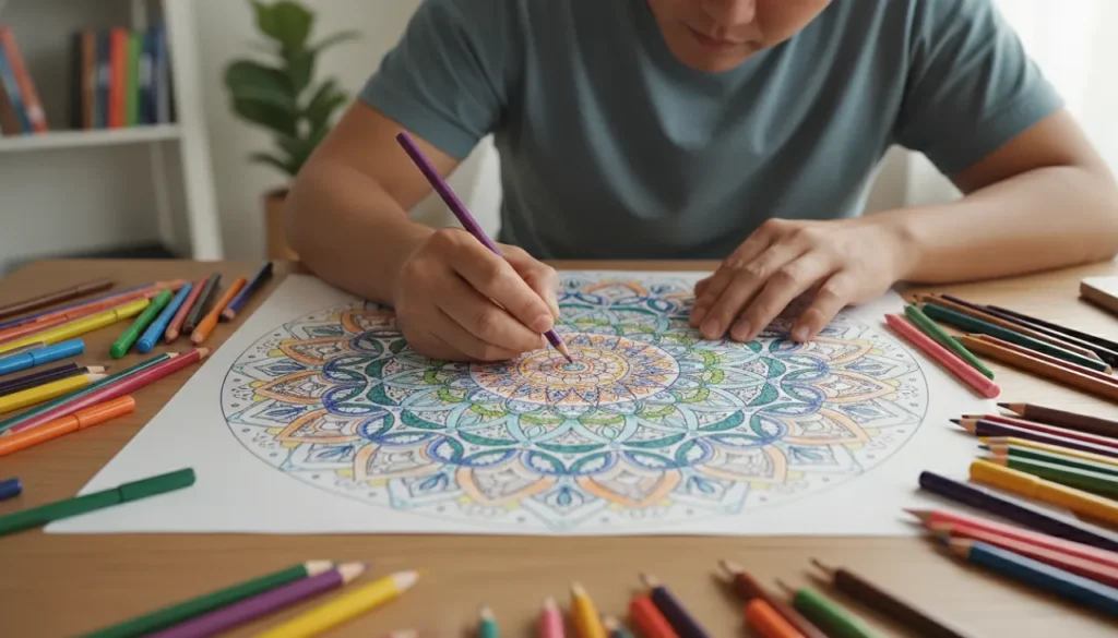 Close-up de mãos colorindo uma mandala complexa, ilustrando foco e relaxamento mental