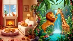 Lar, doce lar e a aventura da selva! Qual lado te chama mais? 🐾🌳 Uma cena adorável para sonhar!