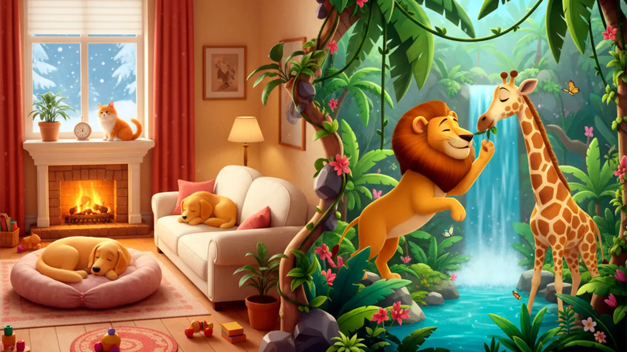 Lar, doce lar e a aventura da selva! Qual lado te chama mais? 🐾🌳 Uma cena adorável para sonhar!