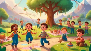 Pular corda ao som do vento, amarelinha que dança no chão, pião que gira histórias e o pega-pega do coração.