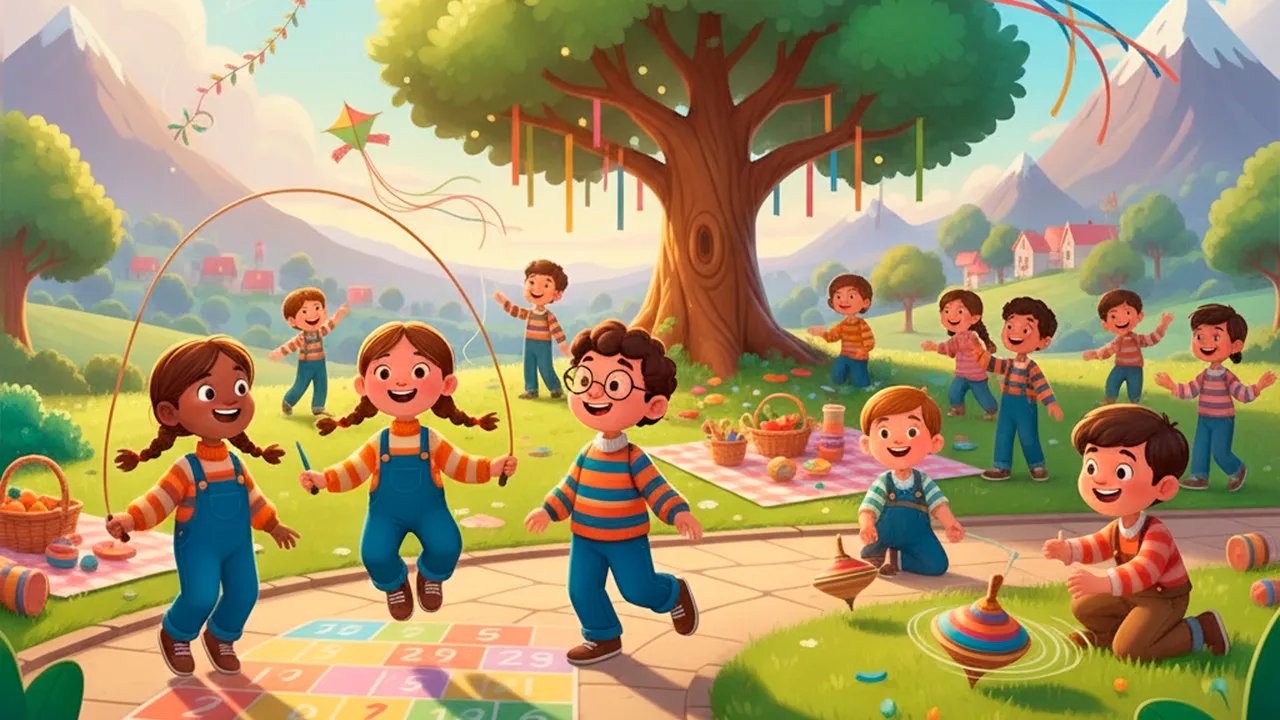 Pular corda ao som do vento, amarelinha que dança no chão, pião que gira histórias e o pega-pega do coração.