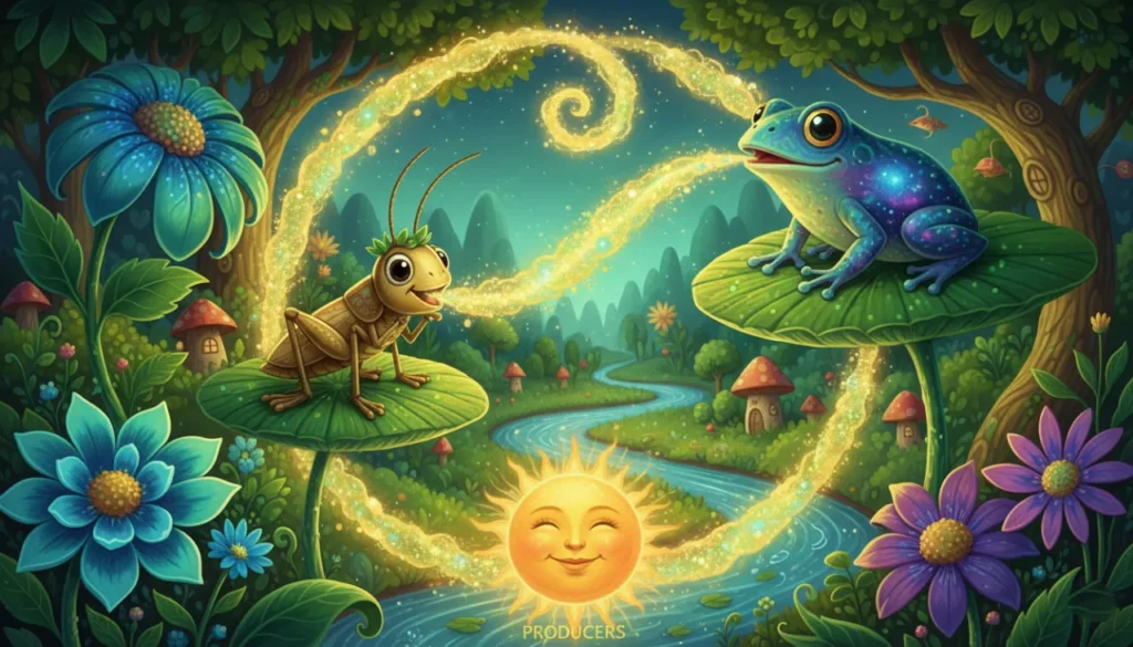 Uma floresta mágica onde a energia do sol viaja das plantas para os animais, formando um ciclo brilhante e incrível de vida!