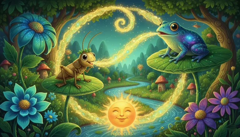 Uma floresta mágica onde a energia do sol viaja das plantas para os animais, formando um ciclo brilhante e incrível de vida!