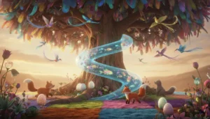 A Árvore da Vida, onde rios flutuam e penas gigantes são suas folhas.