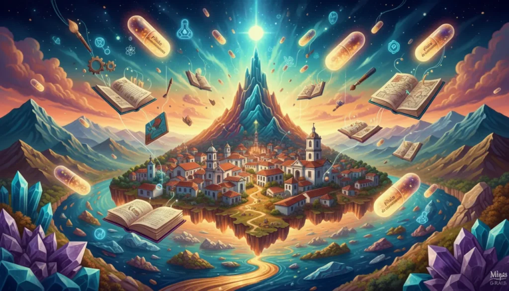 Minas Gerais surge em paisagem surreal: serras, cidades históricas e minerais cintilantes, com caça-palavras entre livros.