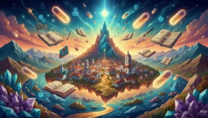 Minas Gerais surge em paisagem surreal: serras, cidades históricas e minerais cintilantes, com caça-palavras entre livros.