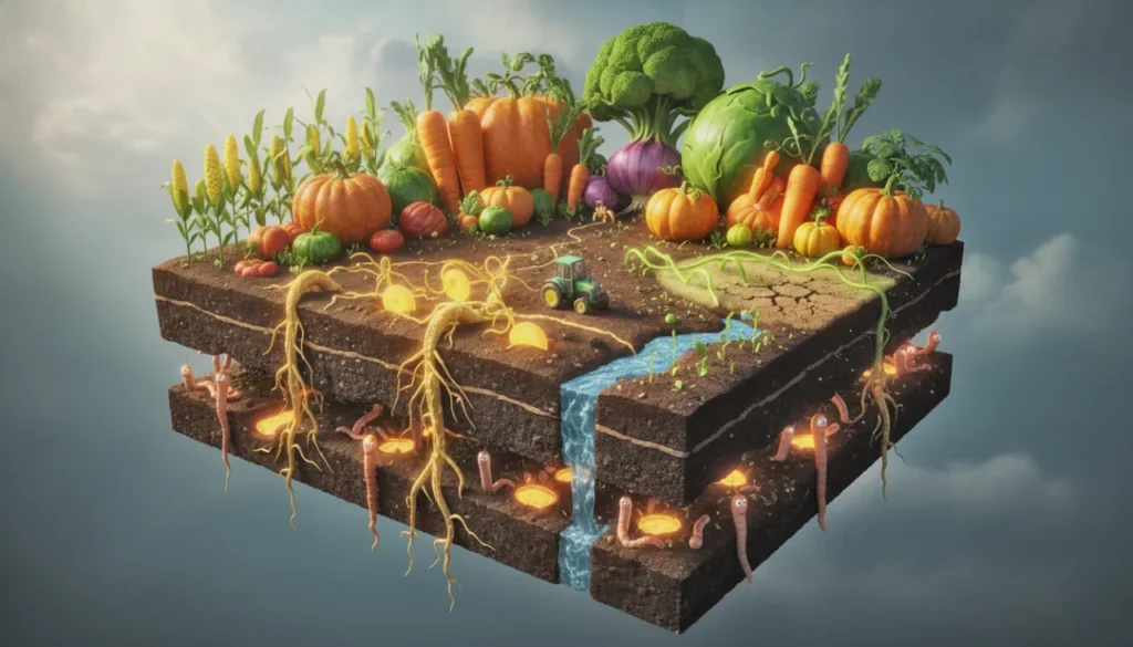 Um solo mágico com minhocas felizes e raízes brilhantes sob a terra; vegetais gigantes e coloridos com um trator de brinquedo na superfície.