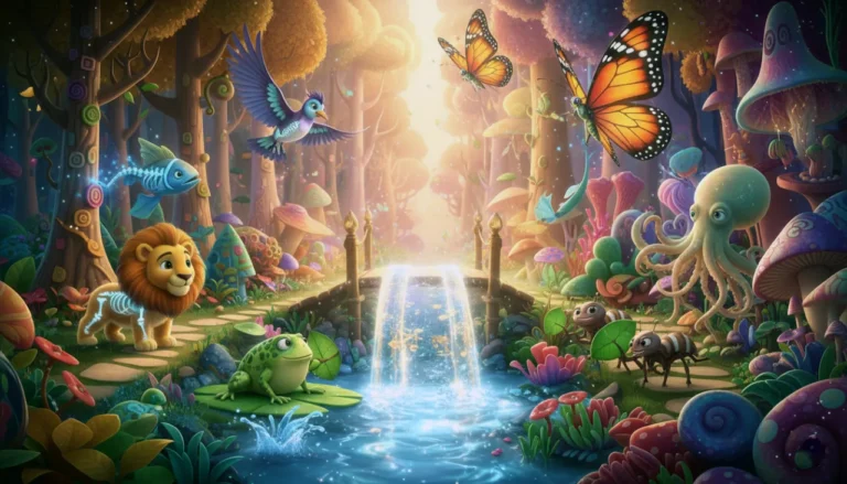 Vertebrados com esqueletos brilhantes e invertebrados coloridos e fantásticos.