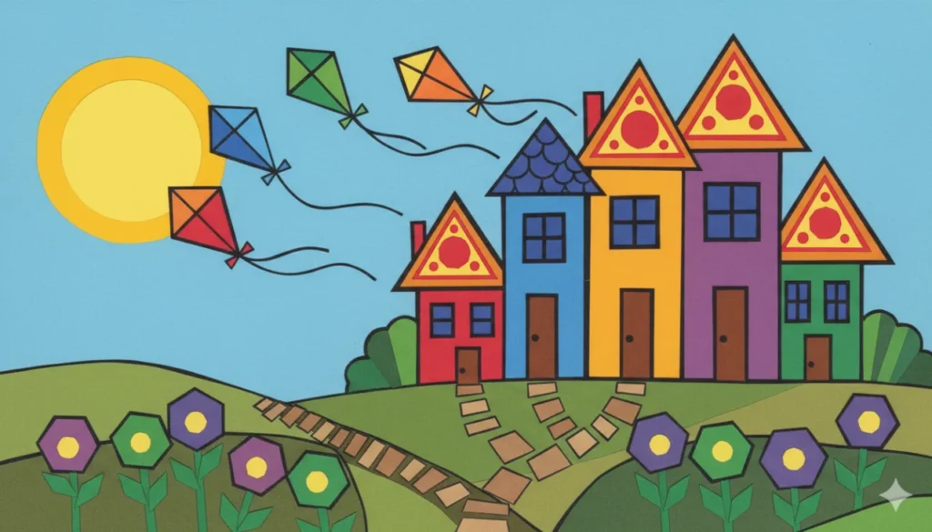 Um mundo incrível feito de papel recortado, onde tudo tem a forma de figuras geométricas coloridas e planas!