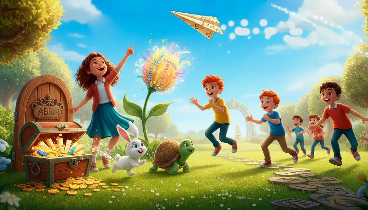 Crianças brincam em um parque mágico.