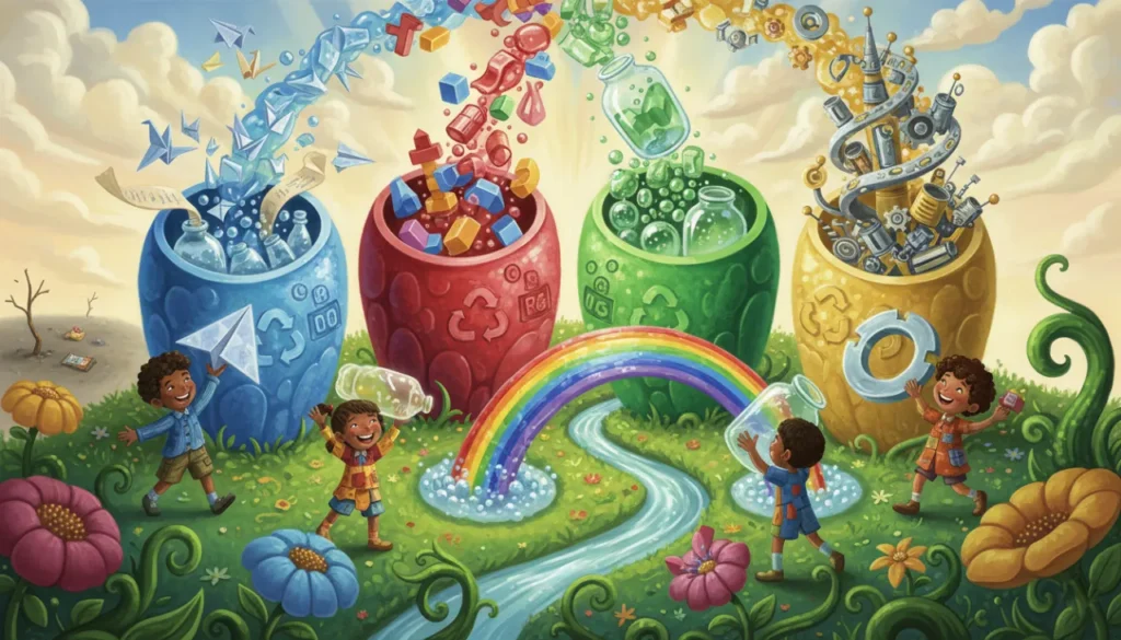 Uma paisagem mágica onde lixeiras coloridas gigantes transformam o lixo separado em tesouros e mantêm a natureza limpa e feliz!