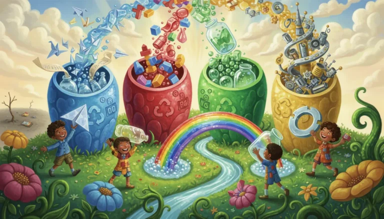 Uma paisagem mágica onde lixeiras coloridas gigantes transformam o lixo separado em tesouros e mantêm a natureza limpa e feliz!