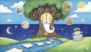 Uma paisagem fantástica onde o tempo ganha vida com uma árvore-relógio gigante e caminhos feitos de calendário!