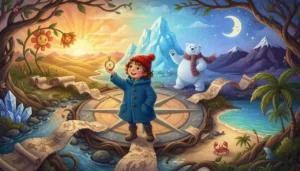 Uma paisagem mágica que funciona como uma bússola gigante, onde o sol nascendo, a neve e a praia mostram o caminho para o pequeno explorador!