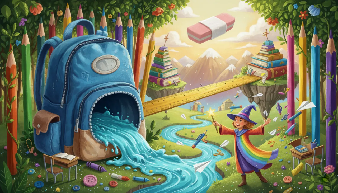 Uma paisagem mágica e gigante feita inteiramente de materiais escolares, onde florestas são lápis e montanhas são livros!