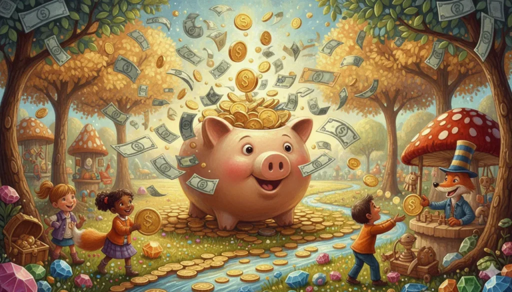 Um mundo mágico e brilhante, cheio de tesouros, com um cofrinho gigante e um mercado divertido para aprender a usar o dinheiro!