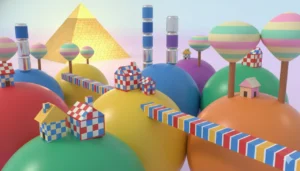 ma paisagem fantástica e colorida construída inteiramente com formas geométricas gigantes e em 3D, como um grande playground de montar!