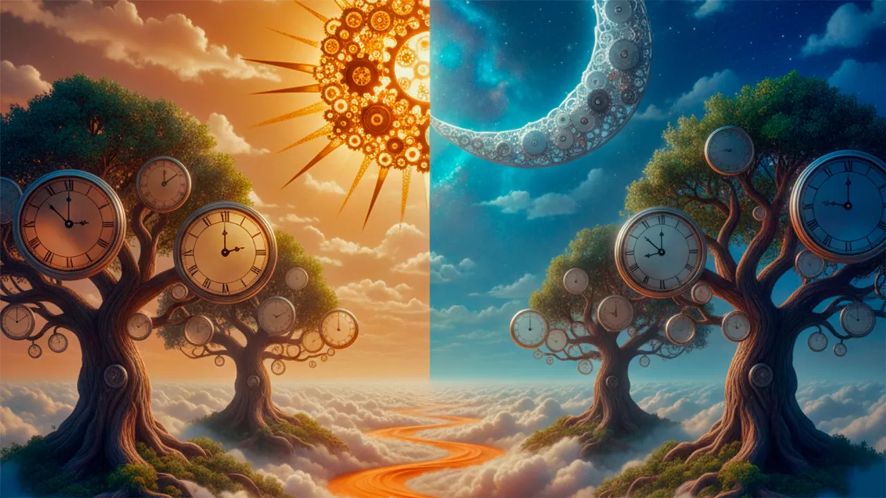 Paisagem surreal com dia e noite divididos, sol de engrenagens, lua de mecanismos, árvores com relógios e rio de areia fluida.