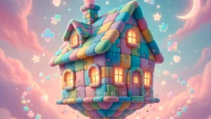 Uma casa flutuante mágica, feita de peças de quebra-cabeça e quilt, representa a união e o calor de diferentes tipos de família, em um céu estrelado de fantasia.