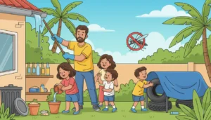 Um quintal mágico onde pequenos heróis se divertem limpando tudo para não deixar água parada e vencer o mosquito da dengue!
