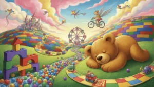 Um mundo de sonhos incrível onde a paisagem é feita de brinquedos gigantes e muita diversão!