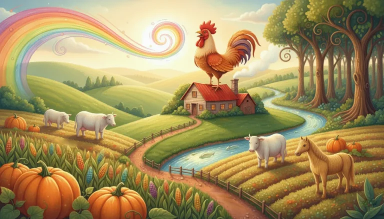 Um campo mágico e tranquilo, onde a natureza é gigante, os animais são amigos e o sol da manhã ilumina uma fazenda encantada!