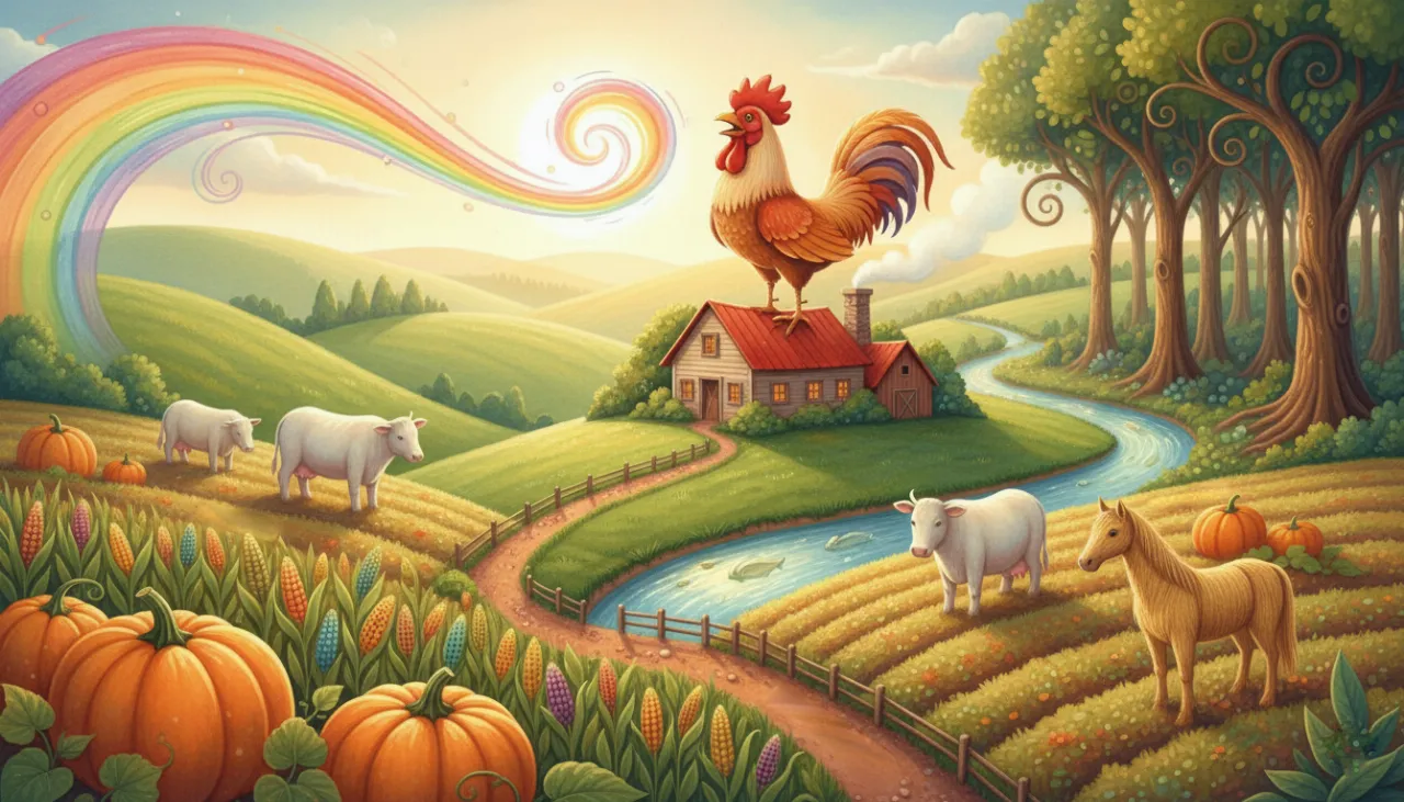 Um campo mágico e tranquilo, onde a natureza é gigante, os animais são amigos e o sol da manhã ilumina uma fazenda encantada!