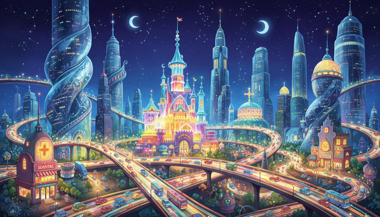 Uma cidade noturna mágica e super movimentada, cheia de arranha-céus gigantes, luzes coloridas e muita energia!