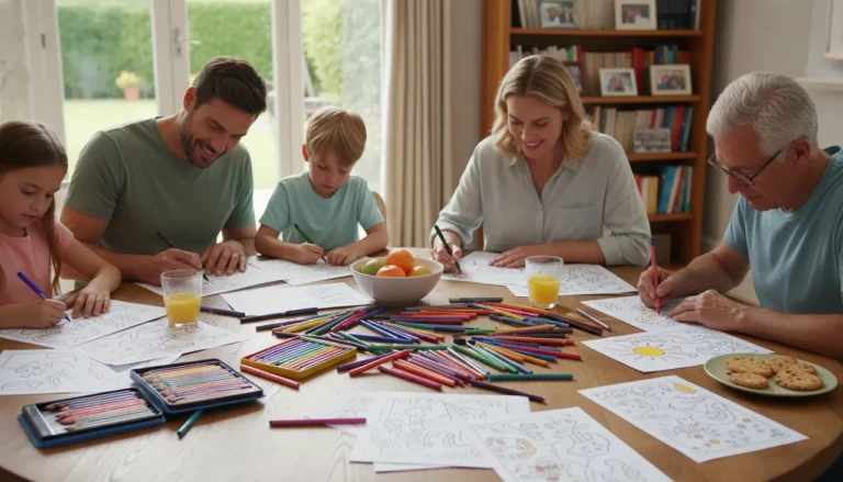 Família reunida na mesa colorindo desenhos com lápis de cor e canetinhas, demonstrando um momento de lazer