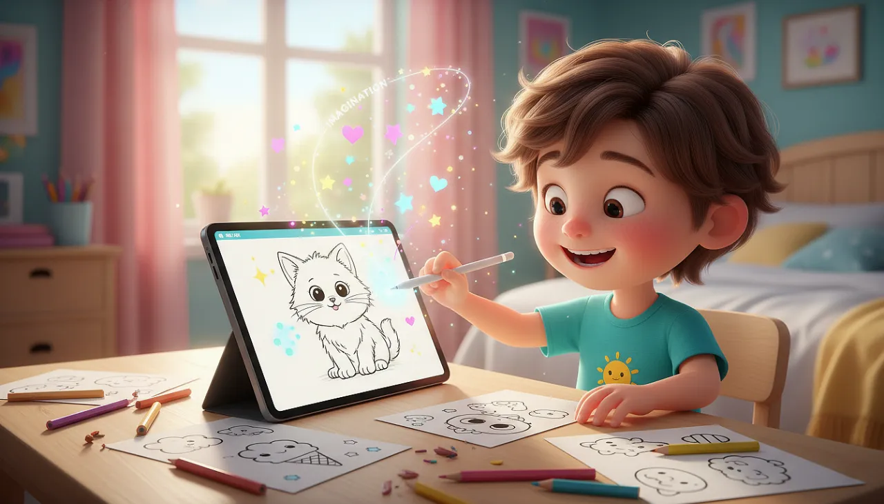 Menino se divertindo muito colorindo online no Mundo dos Jogos.