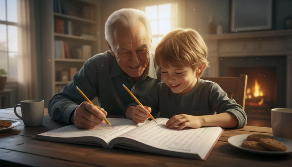 Avô e neto se divertindo com um caça palavras para imprimir, estimulando a cognição e o vínculo familiar.