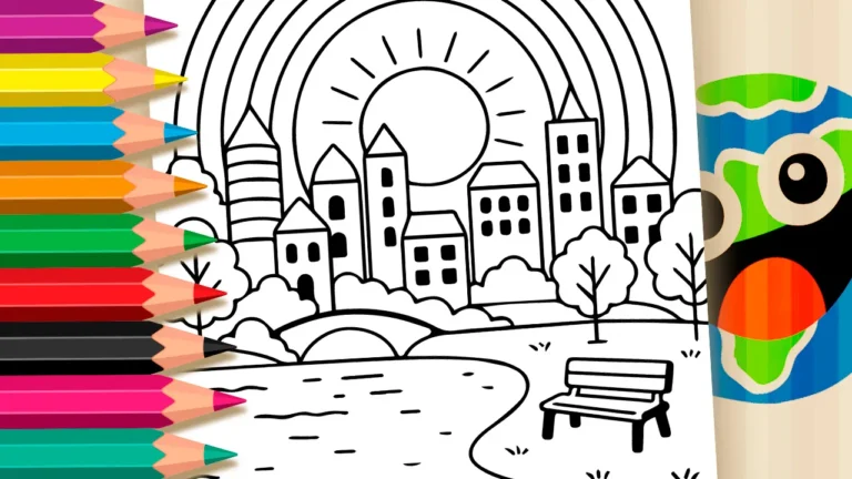 Desenho para colorir Desenho de Cidade com Arco-Íris para Colorir